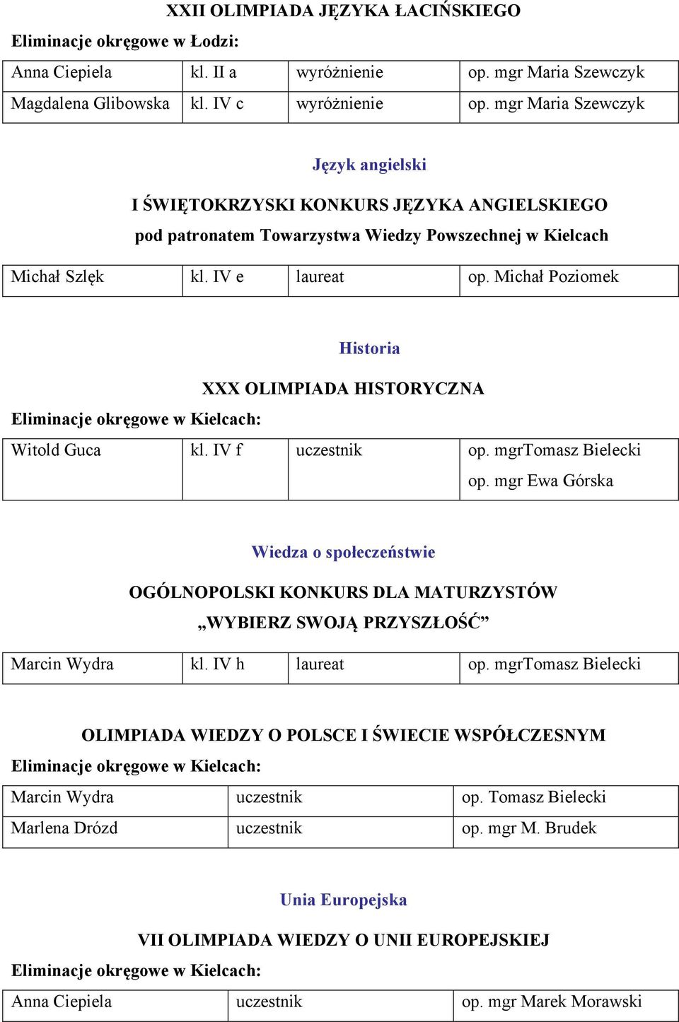 Michał Poziomek Historia XXX OLIMPIADA HISTORYCZNA Witold Guca kl. IV f uczestnik op. mgrtomasz Bielecki op.