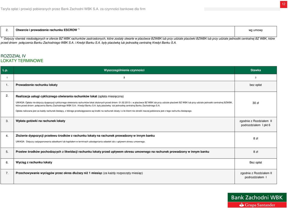 p. Wyszczególnienie czynności Stawka 1 2 3 1. Prowadzenie rachunku lokaty bez opłat 2.