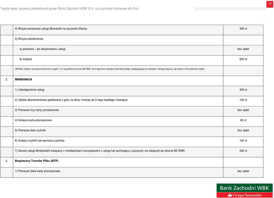 MINIBANK24 1) Udostępnienie usługi 300 zł 2) Opłata abonamentowa (pobierana z góry za dany miesiąc do 5-tego kaŝdego miesiąca) 120 zł 3) Pierwsze trzy karty procesorowe bez opłat 4) Kolejna karta