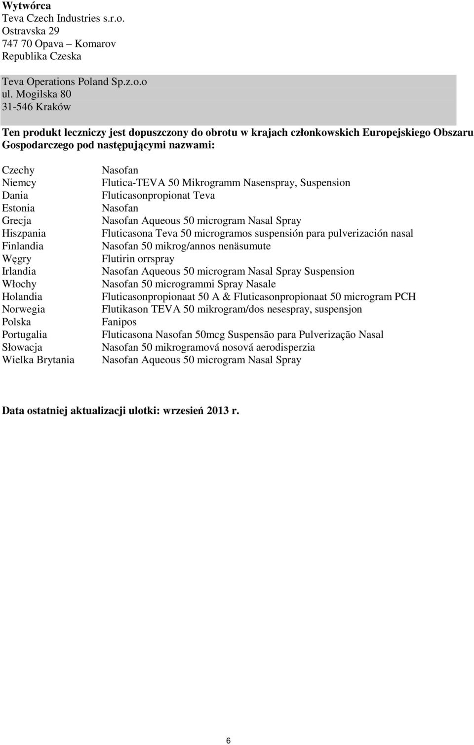 Hiszpania Finlandia Węgry Irlandia Włochy Holandia Norwegia Polska Portugalia Słowacja Wielka Brytania Nasofan Flutica-TEVA 50 Mikrogramm Nasenspray, Suspension Fluticasonpropionat Teva Nasofan