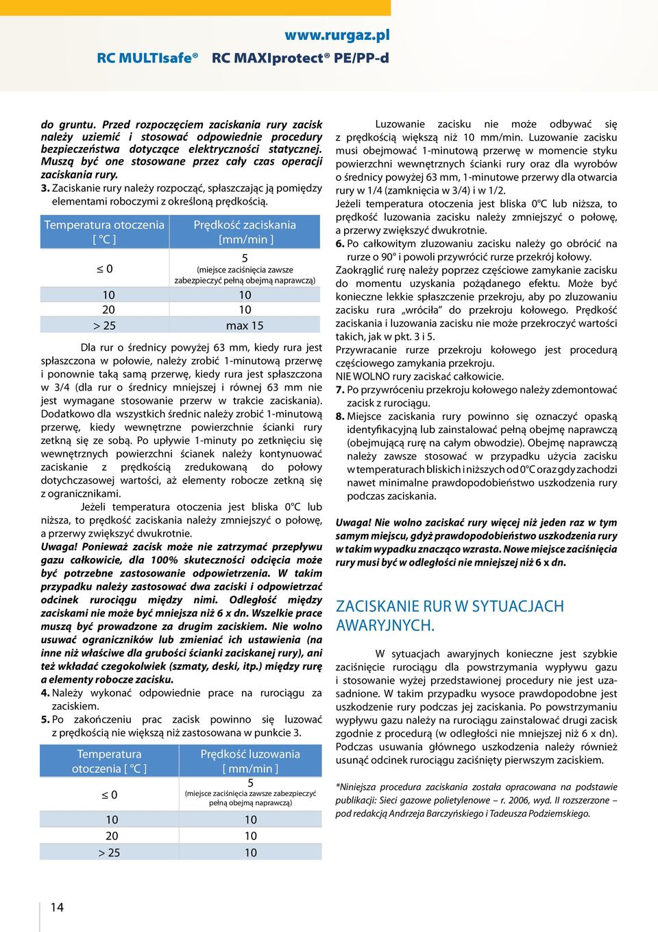 Tmpratura otocznia [ C ] Prędkość zaciskania [mm/min ] 0 5 (mijsc zaciśnięcia zawsz zabzpiczyć płną objmą naprawczą) 10 10 20 10 > 25 max 15 Dla rur o śrdnicy powyżj 63 mm, kidy rura jst spłaszczona