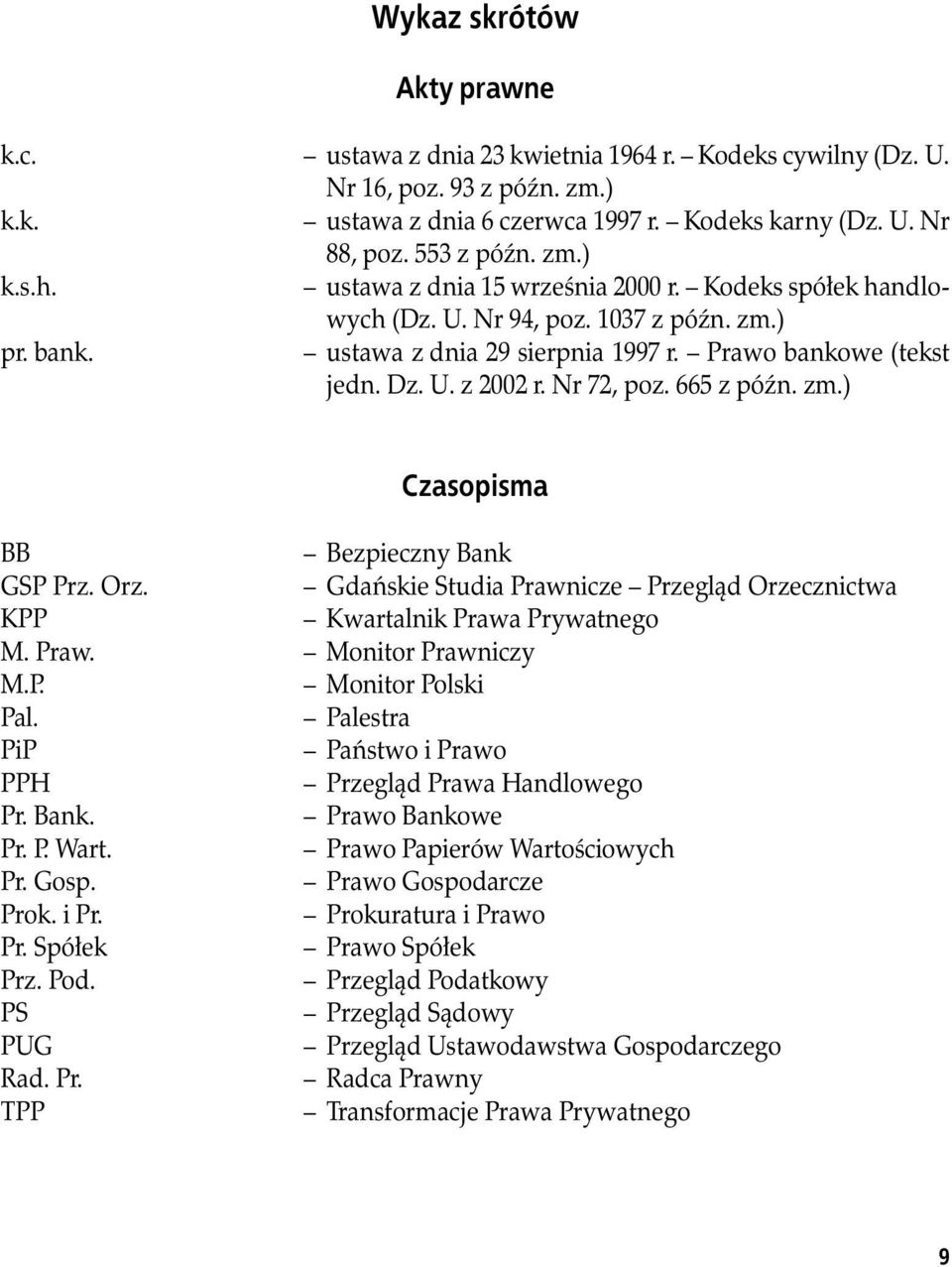 Nr 72, poz. 665 z późn. zm.) Czasopisma BB Bezpieczny Bank GSP Prz. Orz. Gdańskie Studia Prawnicze Przegląd Orzecznictwa KPP Kwartalnik Prawa Prywatnego M. Praw. Monitor Prawniczy M.P. Monitor Polski Pal.