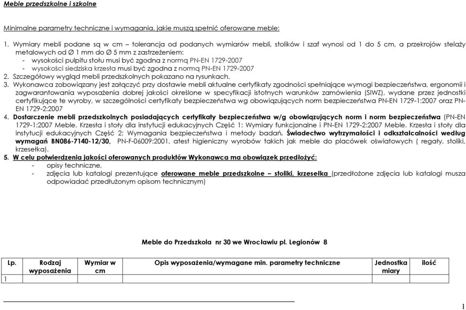 musi być zgodna z normą PN-EN 1729-2007 - wysokości siedziska krzesła musi być zgodna z normą PN-EN 1729-2007 2. Szczegółowy wygląd mebli przedszkolnych pokazano na rysunkach. 3.