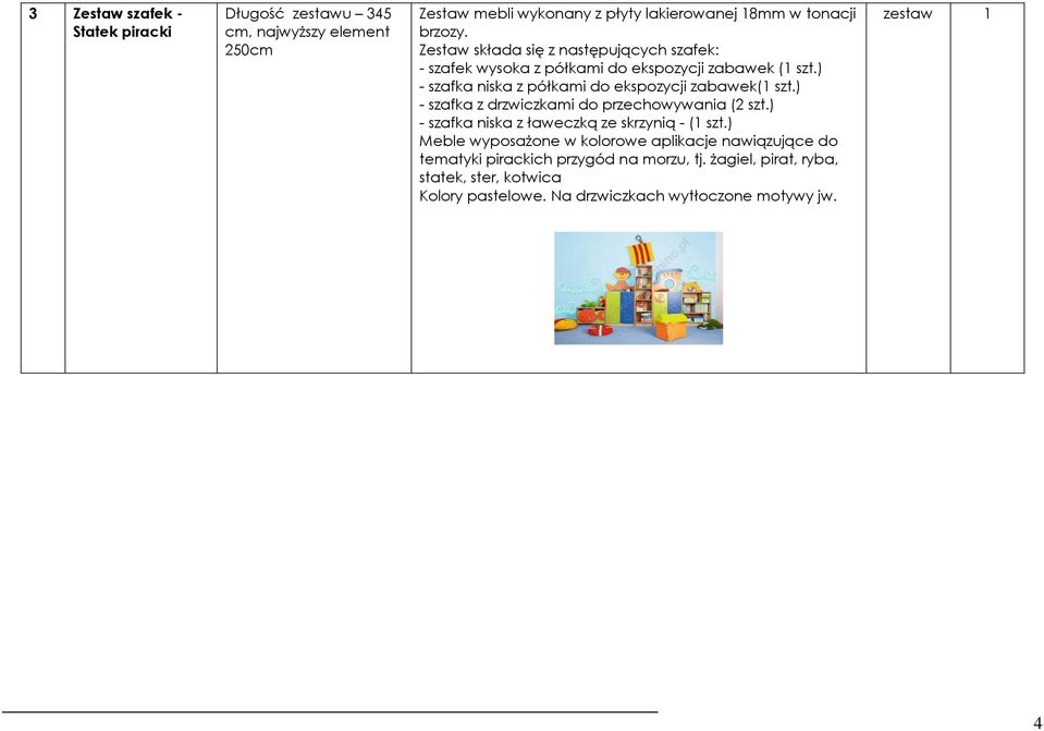 ) - szafka niska z półkami do ekspozycji zabawek(1 szt.) - szafka z drzwiczkami do przechowywania (2 szt.