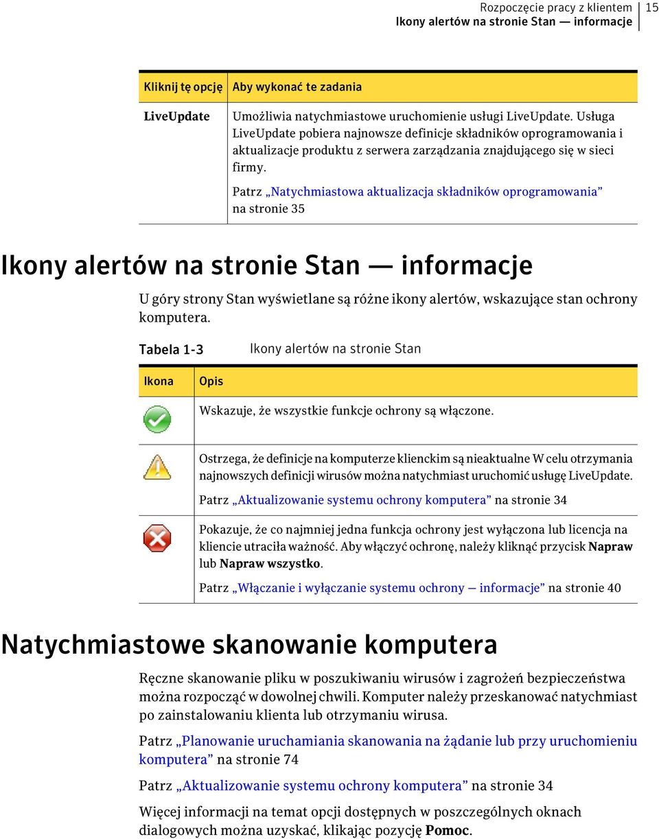 Patrz Natychmiastowa aktualizacja składników oprogramowania na stronie 35 Ikony alertów na stronie Stan informacje U góry strony Stan wyświetlane są różne ikony alertów, wskazujące stan ochrony