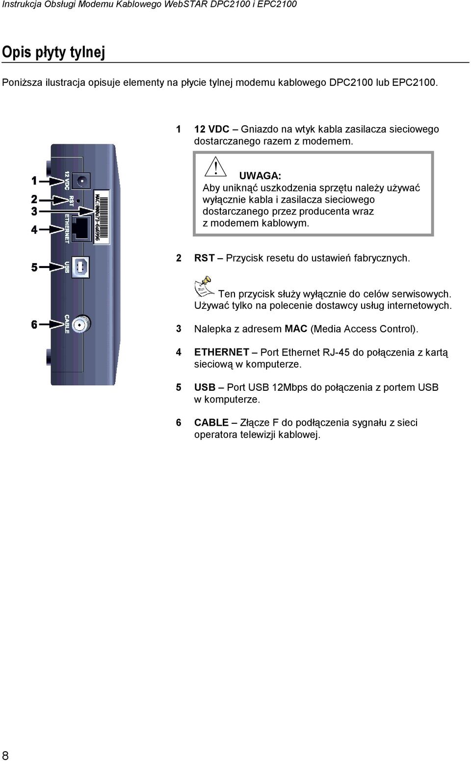 ! UWAGA: Aby uniknąć uszkodzenia sprzętu należy używać wyłącznie kabla i zasilacza sieciowego dostarczanego przez producenta wraz z modemem kablowym. 2 RST Przycisk resetu do ustawień fabrycznych.