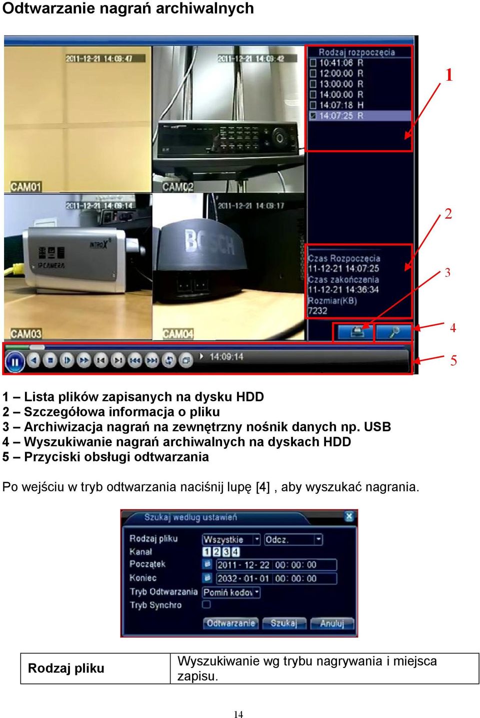 USB 4 Wyszukiwanie nagrań archiwalnych na dyskach HDD 5 Przyciski obsługi odtwarzania Po wejściu