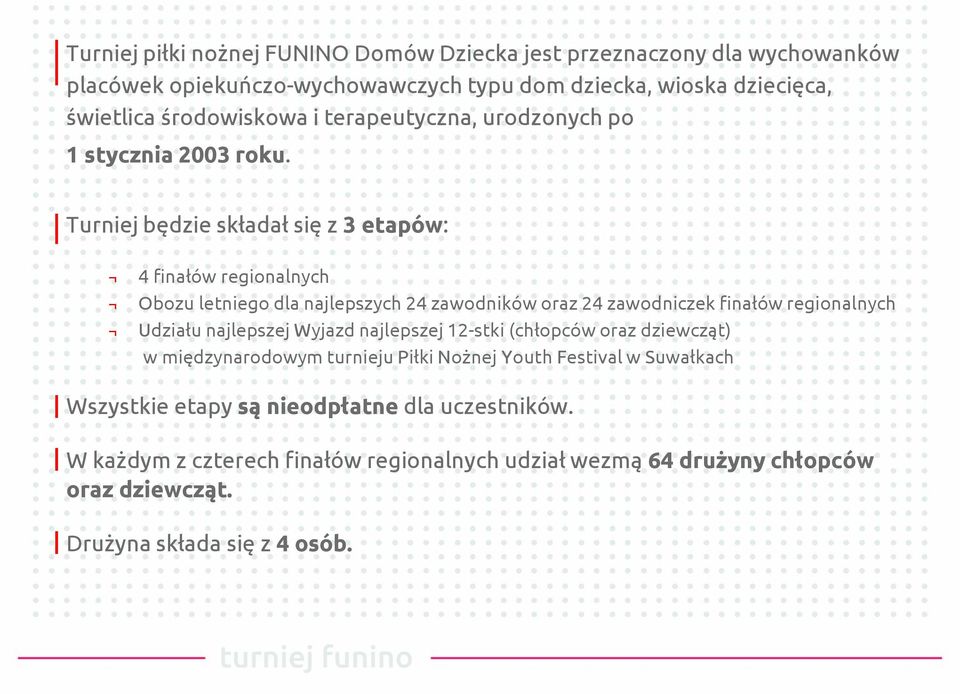 Turniej będzie składał się z 3 etapów: 4 finałów regionalnych Obozu letniego dla najlepszych 24 zawodników oraz 24 zawodniczek finałów regionalnych Udziału najlepszej