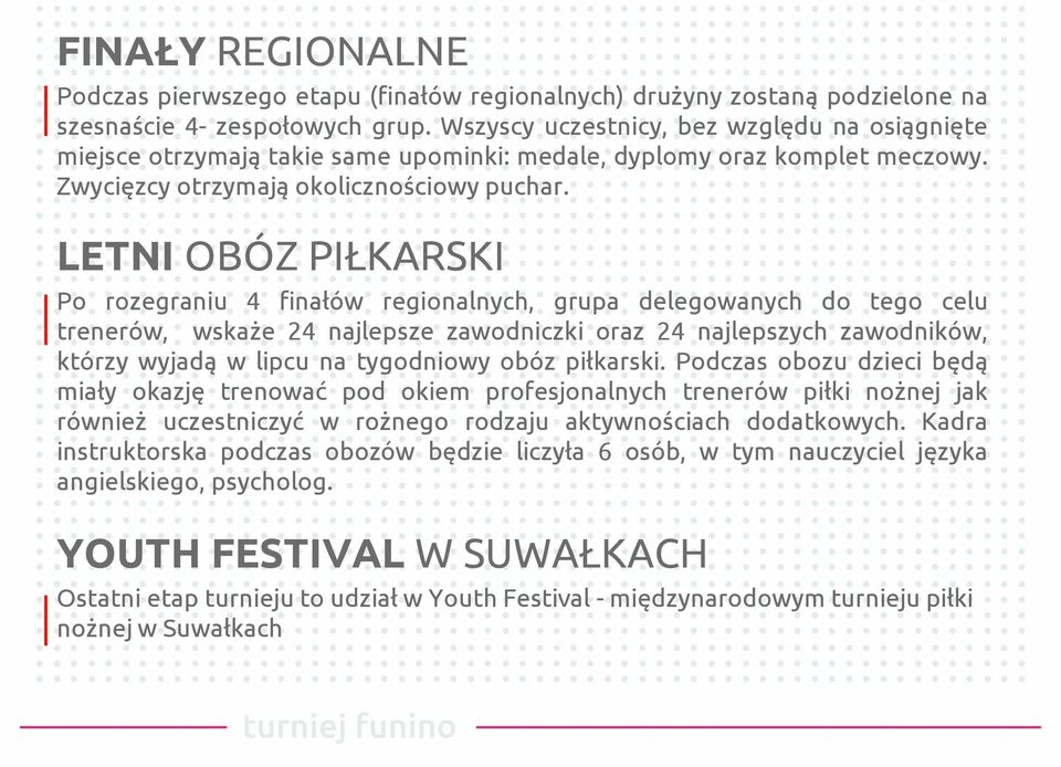 LETNI OBÓZ PIŁKARSKI Po rozegraniu 4 finałów regionalnych, grupa delegowanych do tego celu trenerów, wskaże 24 najlepsze zawodniczki oraz 24 najlepszych zawodników, którzy wyjadą w lipcu na