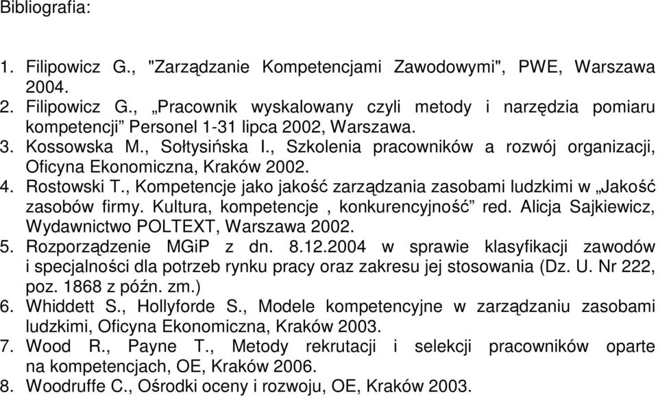 , Kompetencje jako jakość zarządzania zasobami ludzkimi w Jakość zasobów firmy. Kultura, kompetencje, konkurencyjność red. Alicja Sajkiewicz, Wydawnictwo POLTEXT, Warszawa 2002. 5.