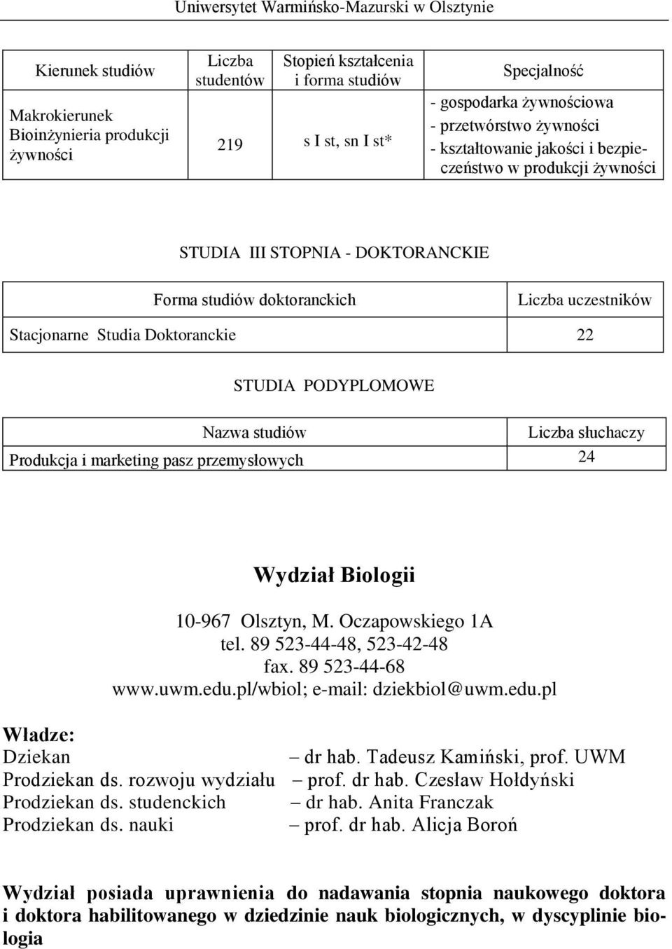 Oczapowskiego 1A tel. 89 523-44-48, 523-42-48 fax. 89 523-44-68 www.uwm.edu.pl/wbiol; e-mail: dziekbiol@uwm.edu.pl dr hab. Tadeusz Kamiński, prof. UWM Prodziekan ds. rozwoju wydziału prof. dr hab. Czesław Hołdyński Prodziekan ds.