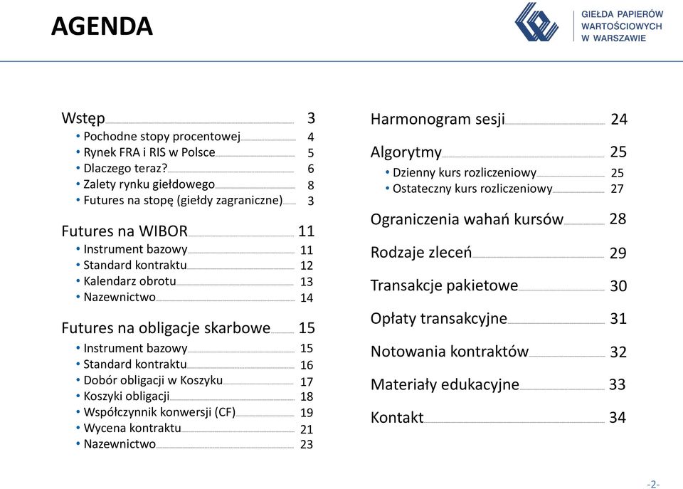 Koszyki obligacji... Współczynnik konwersji (CF).. Wycena kontraktu... Nazewnictwo... 3 4 5 6 8 3 11 11 12 13 14 15 15 16 17 18 19 21 23 Harmonogram sesji...... Algorytmy...... Dzienny kurs rozliczeniowy.