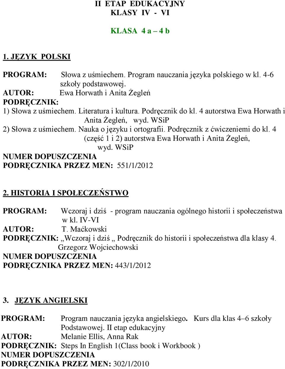 4 (część 1 i 2) autorstwa Ewa Horwath i Anita Żegleń, wyd. WSiP PODRĘCZNIKA PRZEZ MEN: 551/1/2012 2. HISTORIA I SPOŁECZEŃSTWO Wczoraj i dziś - program nauczania ogólnego historii i społeczeństwa w kl.