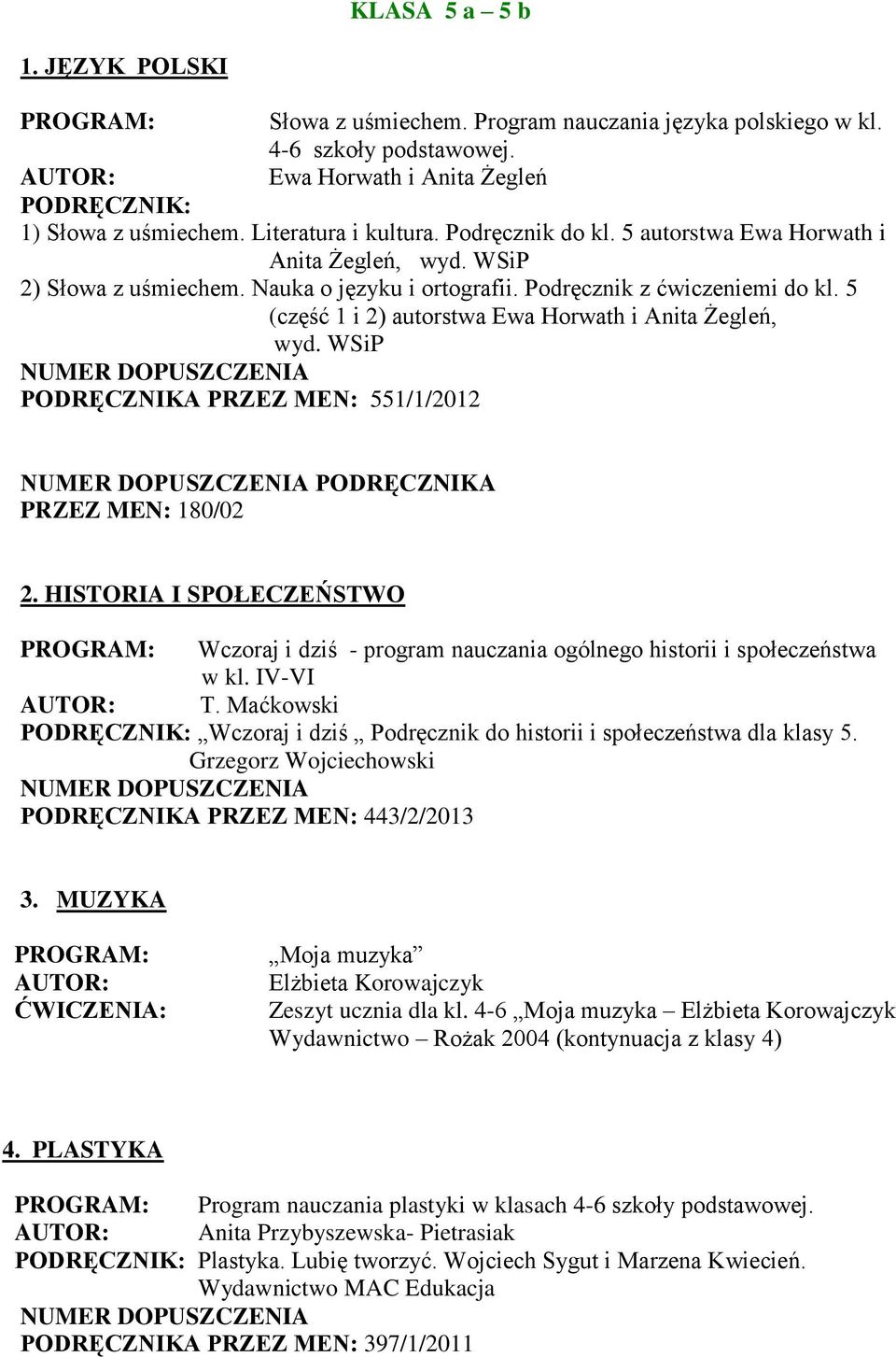 5 (część 1 i 2) autorstwa Ewa Horwath i Anita Żegleń, wyd. WSiP PODRĘCZNIKA PRZEZ MEN: 551/1/2012 PODRĘCZNIKA PRZEZ MEN: 180/02 2.