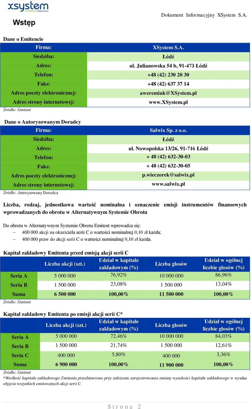 Siedziba: Adres: aweremiuk@xsystem.pl www.xsystem.pl Salwix Sp. z o.o. Łódź ul.