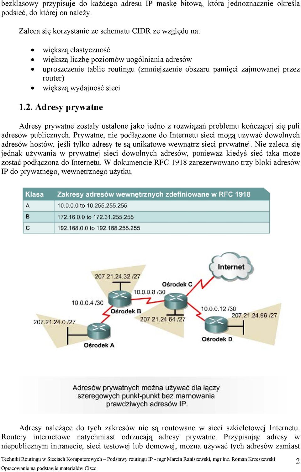 router) większą wydajność sieci 1.2. Adresy prywatne Adresy prywatne zostały ustalone jako jedno z rozwiązań problemu kończącej się puli adresów publicznych.