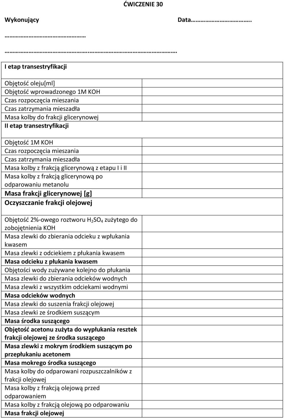 Objętość 1M KOH Czas rozpoczęcia mieszania Czas zatrzymania mieszadła Masa kolby z frakcją glicerynową z etapu I i II Masa kolby z frakcją glicerynową po odparowaniu metanolu Masa frakcji