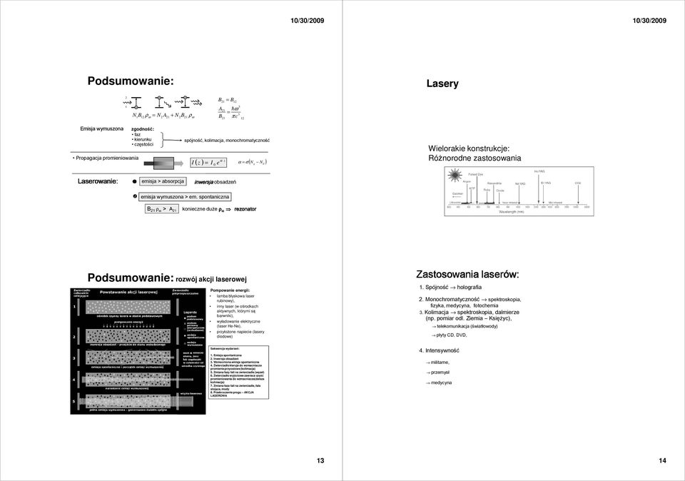 spontaniczna B ρ ω > A konieczne duże ρ ω rezonator Podsumowanie: rozwój akcji laserowej energii: lamba błyskowa laser rubinowy), inny laser (w ośrodkach aktywnych, którymi są barwniki), wyładowanie