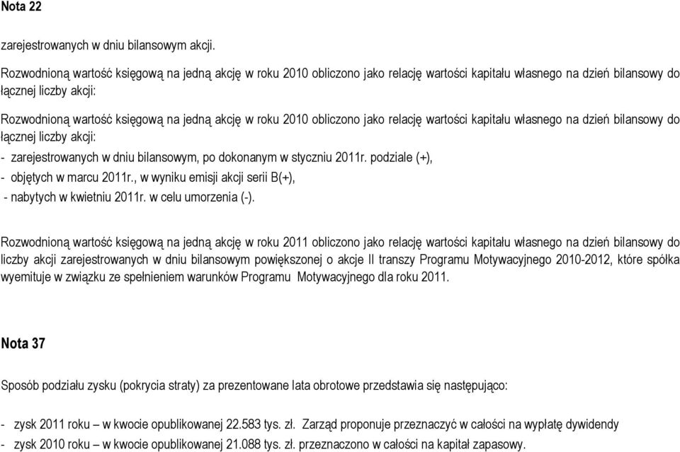 roku 2010 obliczono jako relację wartości kapitału własnego na dzień bilansowy do łącznej liczby akcji: - zarejestrowanych w dniu bilansowym, po dokonanym w styczniu 2011r.