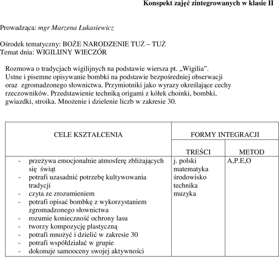 Przedstawienie techniką origami z kółek choinki, bombki, gwiazdki, stroika. Mnożenie i dzielenie liczb w zakresie 30.