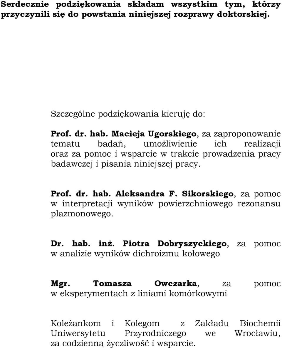 Aleksandra F. Sikorskiego, za pomoc w interpretacji wyników powierzchniowego rezonansu plazmonowego. Dr. hab. inż.