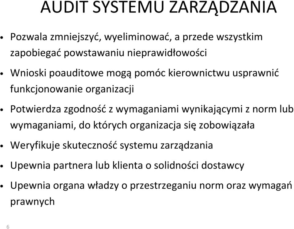 zgodnośćz wymaganiami wynikającymi z norm lub wymaganiami, do których organizacja się zobowiązała Weryfikuje