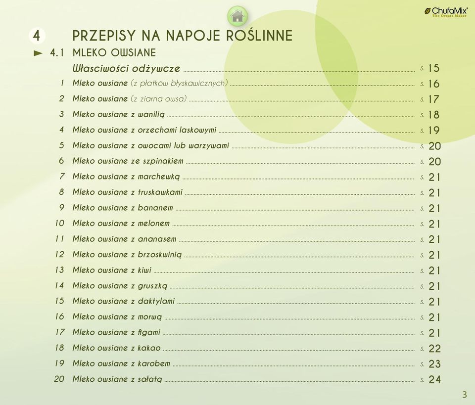 .. s. 21 10 Mleko owsiane z melonem... s. 21 11 Mleko owsiane z ananasem... s. 21 12 Mleko owsiane z brzoskwinią... s. 21 13 Mleko owsiane z kiwi... s. 21 14 Mleko owsiane z gruszką... s. 21 15 Mleko owsiane z daktylami.