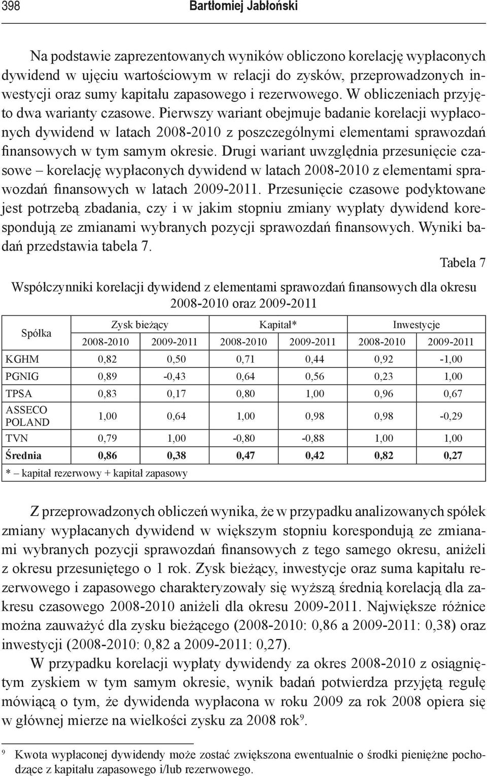 Pierwszy wariant obejmuje badanie korelacji wypłaconych dywidend w latach 2008-2010 z poszczególnymi elementami sprawozdań finansowych w tym samym okresie.