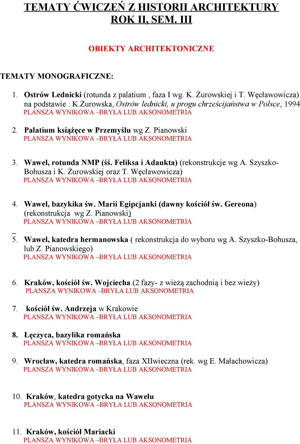 Feliksa i Adaukta) (rekonstrukcje wg A. Szyszko- Bohusza i K. Żurowskiej oraz T. Węcławowicza) 4. Wawel, bazykika św. Marii Egipcjanki (dawny kościół św. Gereona) (rekonstrukcja wg Z. Pianowski) 5.