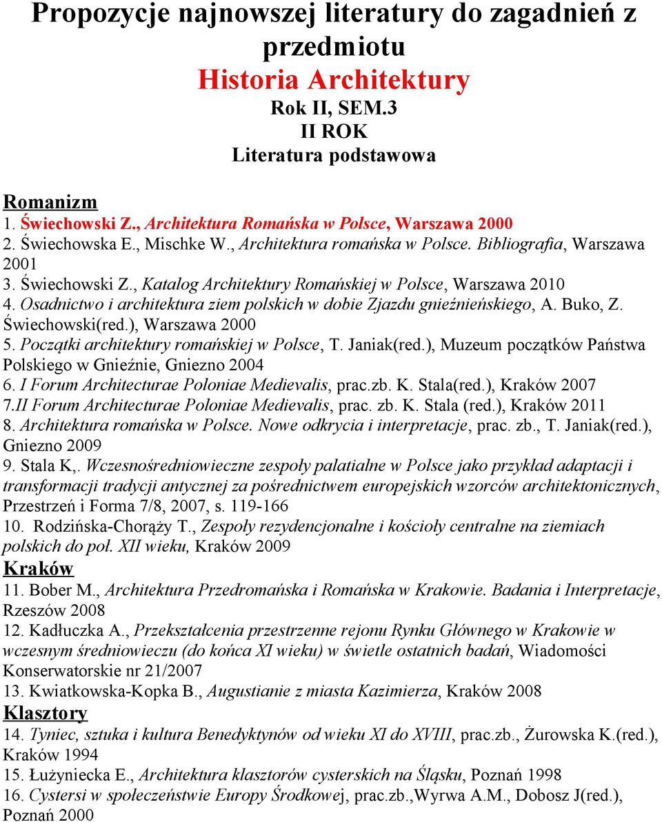 Osadnictwo i architektura ziem polskich w dobie Zjazdu gnieźnieńskiego, A. Buko, Z. Świechowski(red.), Warszawa 2000 5. Początki architektury romańskiej w Polsce, T. Janiak(red.