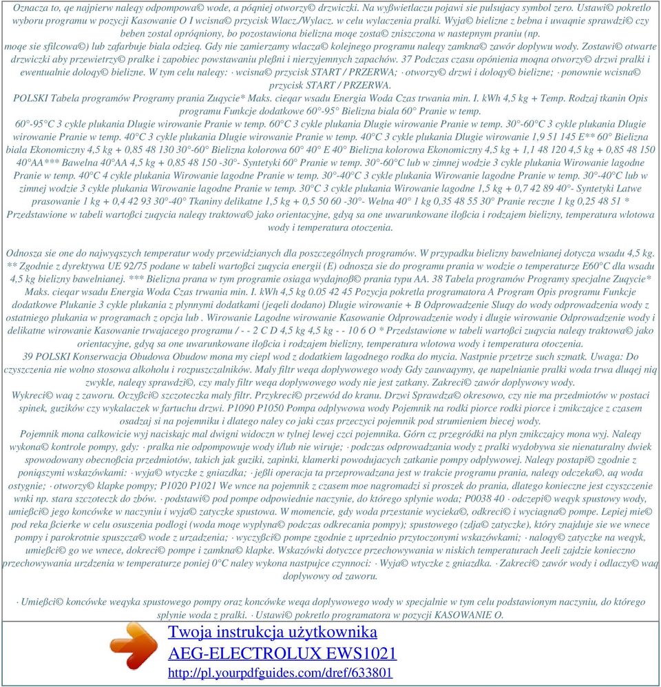 Wyja bielizne z bebna i uwaqnie sprawdzi czy beben zostal opróqniony, bo pozostawiona bielizna moqe zosta zniszczona w nastepnym praniu (np. moqe sie sfilcowa ) lub zafarbuje biala odzieq.