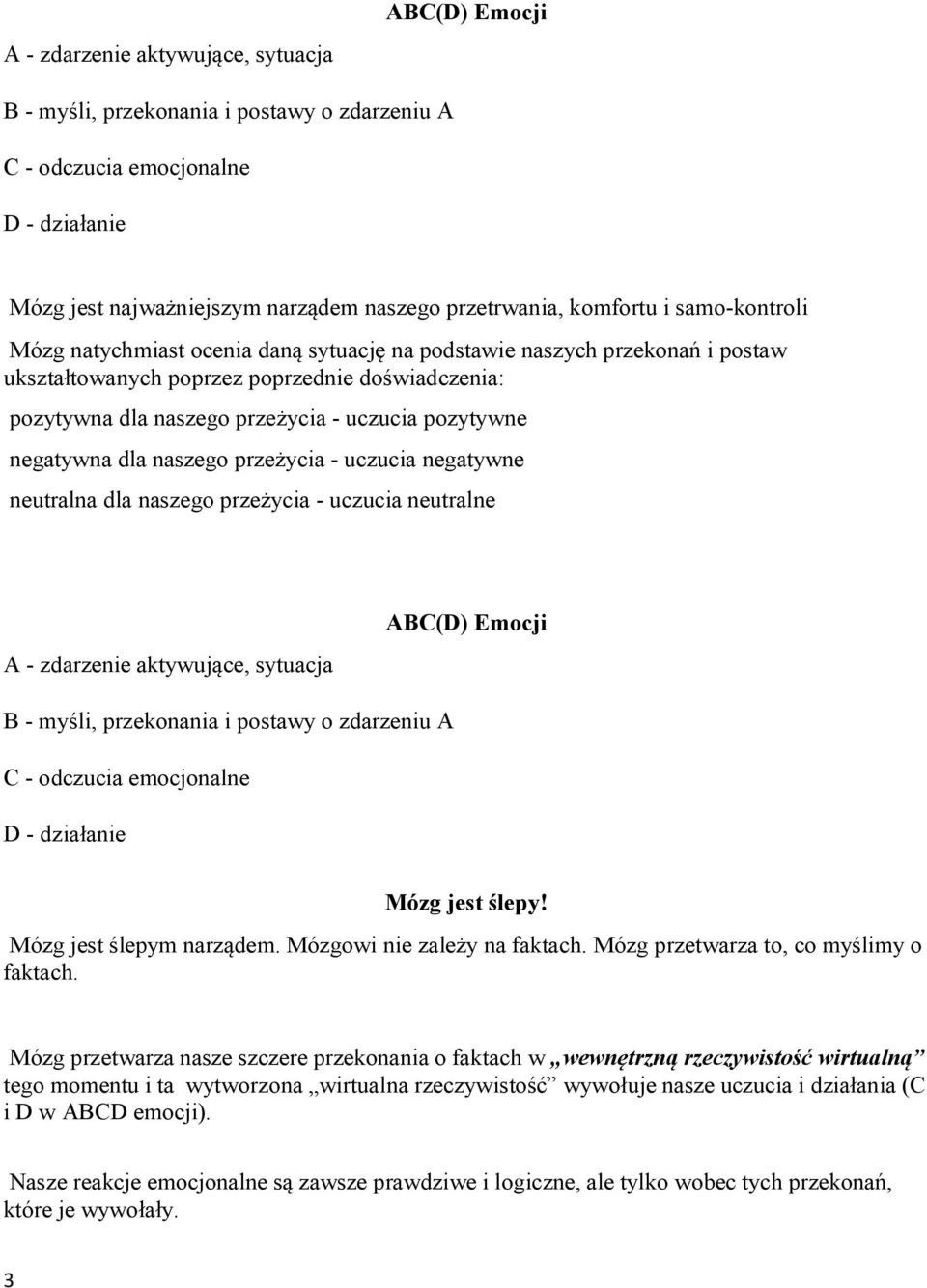 negatywna dla naszego przeżycia - uczucia negatywne neutralna dla naszego przeżycia - uczucia neutralne A - zdarzenie aktywujące, sytuacja ABC(D) Emocji B - myśli, przekonania i postawy o zdarzeniu A