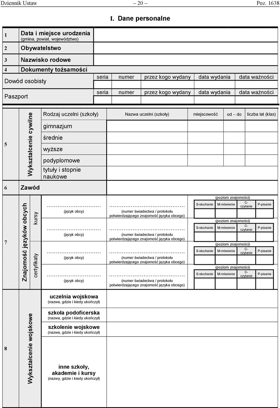 Wykształcenie cywilne 6 Zawód Rodzaj uczelni (szkoły) Nazwa uczelni (szkoły) miejscowość od do liczba lat (klas) gimnazjum średnie wyższe podyplomowe tytuły i stopnie naukowe 7 Znajomość języków