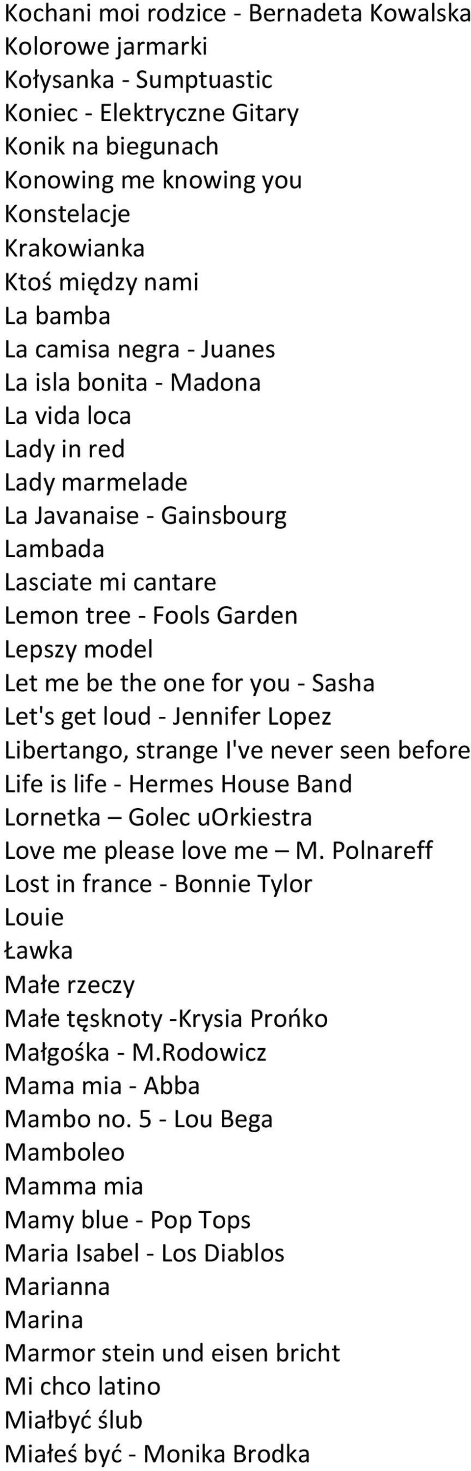 the one for you - Sasha Let's get loud - Jennifer Lopez Libertango, strange I've never seen before Life is life - Hermes House Band Lornetka Golec uorkiestra Love me please love me M.