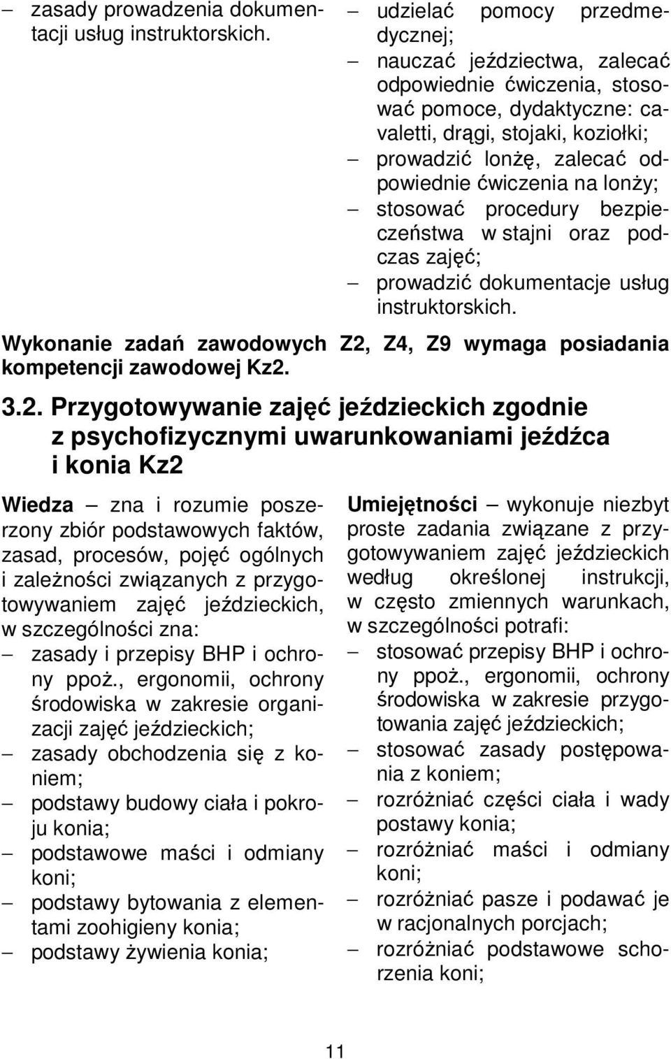 na lonży; stosować procedury bezpieczeństwa w stajni oraz podczas zajęć; prowadzić dokumentacje usług instruktorskich.