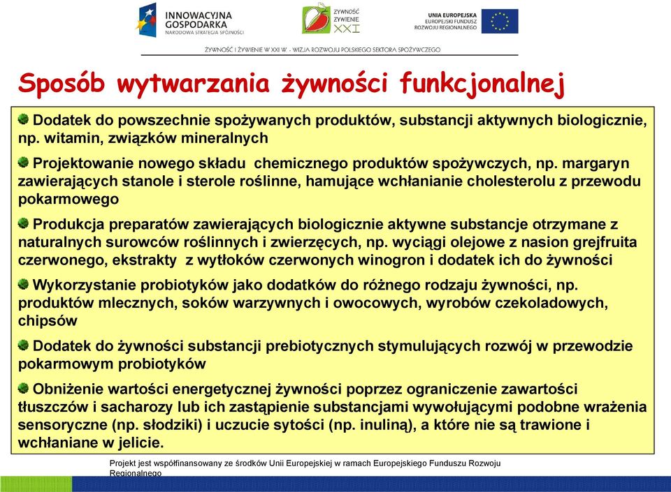 margaryn zawierających stanole i sterole roślinne, hamujące wchłanianie cholesterolu z przewodu pokarmowego Produkcja preparatów zawierających biologicznie aktywne substancje otrzymane z naturalnych