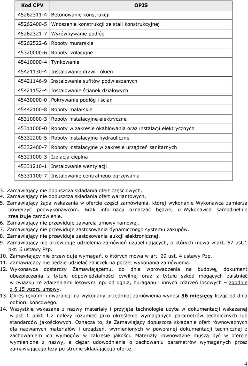 Roboty malarskie 45310000-3 Roboty instalacyjne elektryczne 45311000-0 Roboty w zakresie okablowania oraz instalacji elektrycznych 45332200-5 Roboty instalacyjne hydrauliczne 45332400-7 Roboty