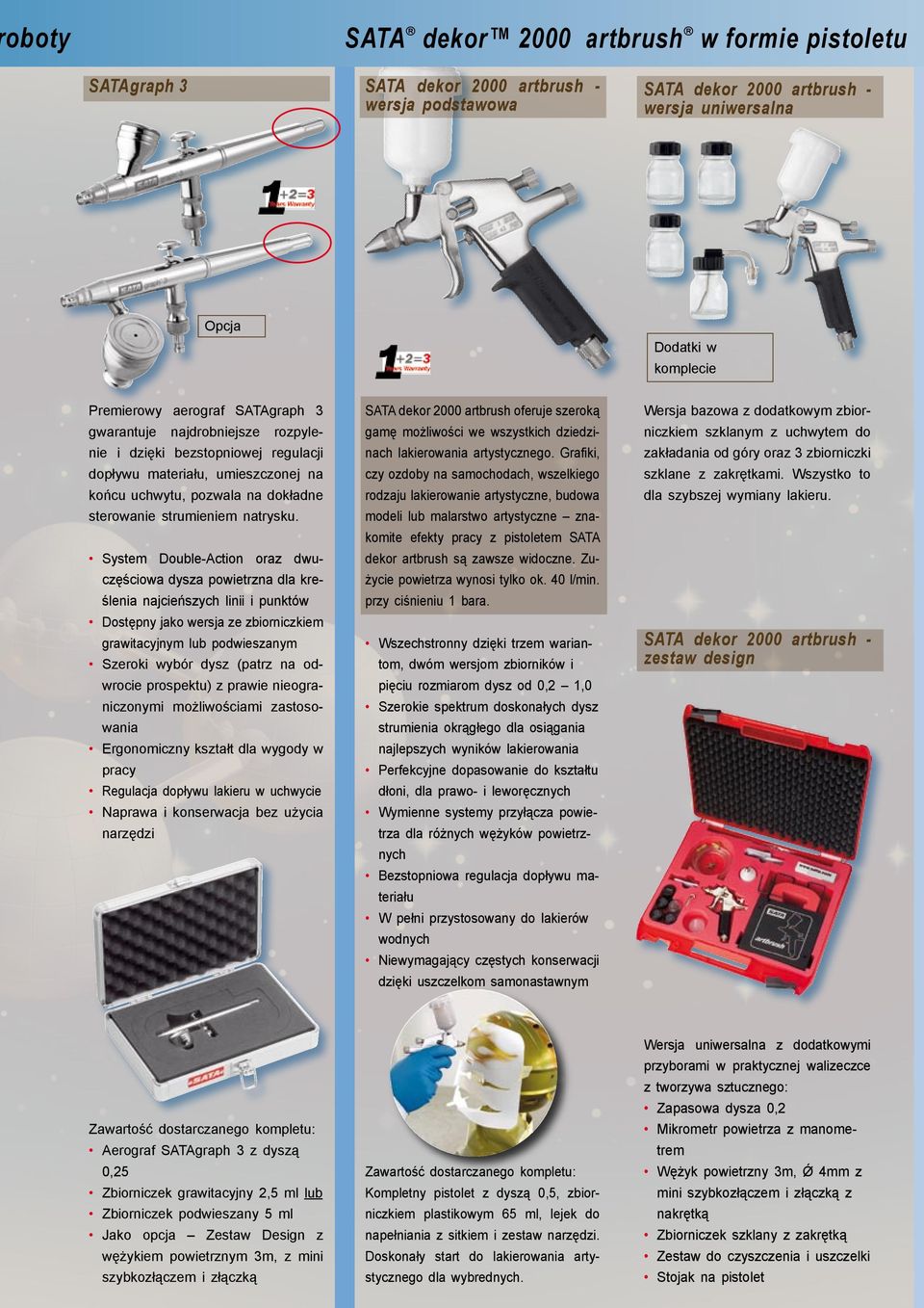 System Double-Action oraz dwuczęściowa dysza powietrzna dla kreślenia najcieńszych linii i punktów Dostępny jako wersja lub Szeroki wybór dysz (patrz na odwrocie prospektu) z prawie nieograniczonymi