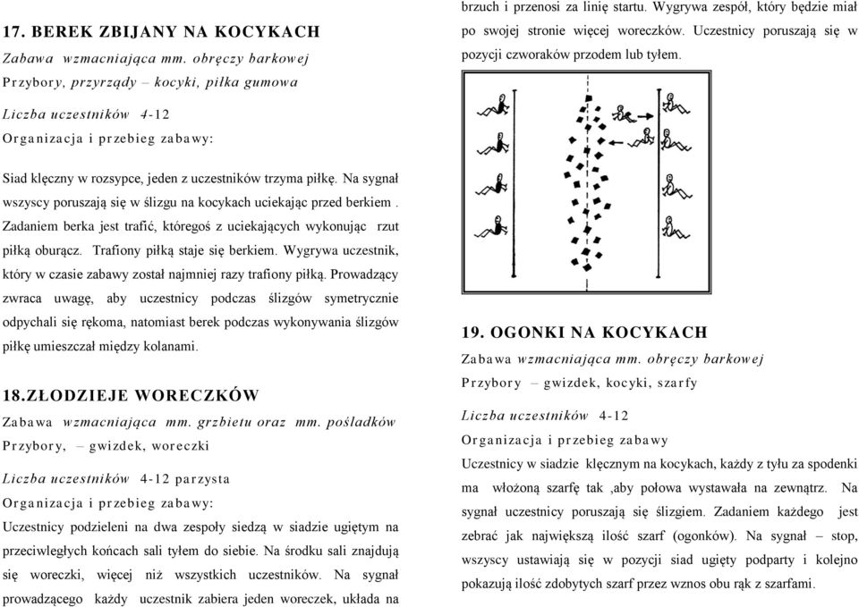 Na sygnał wszyscy poruszają się w ślizgu na kocykach uciekając przed berkiem. Zadaniem berka jest trafić, któregoś z uciekających wykonując rzut piłką oburącz. Trafiony piłką staje się berkiem.