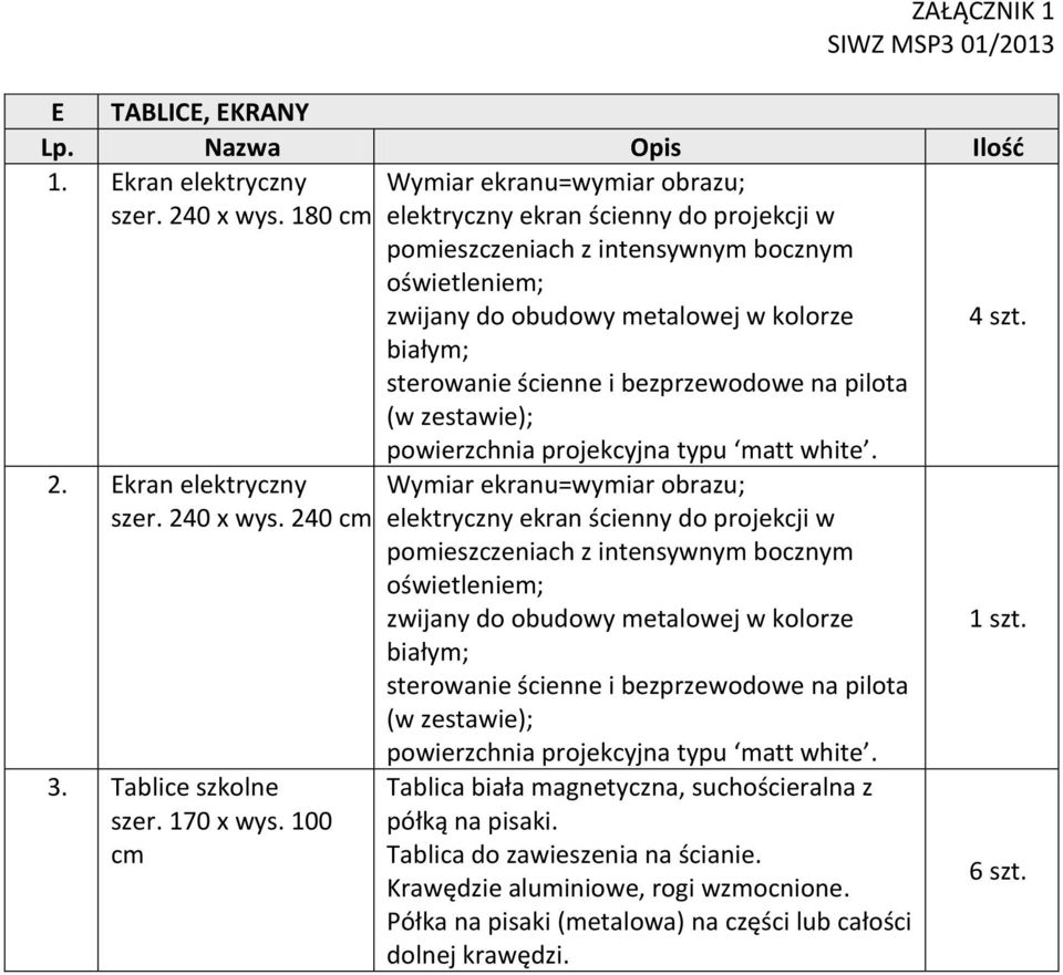 białym; sterowanie ścienne i bezprzewodowe na pilota (w zestawie); 2. Ekran elektryczny szer. 240 x wys. 240 cm 3. Tablice szkolne szer. 170 x wys. 100 cm powierzchnia projekcyjna typu matt white.