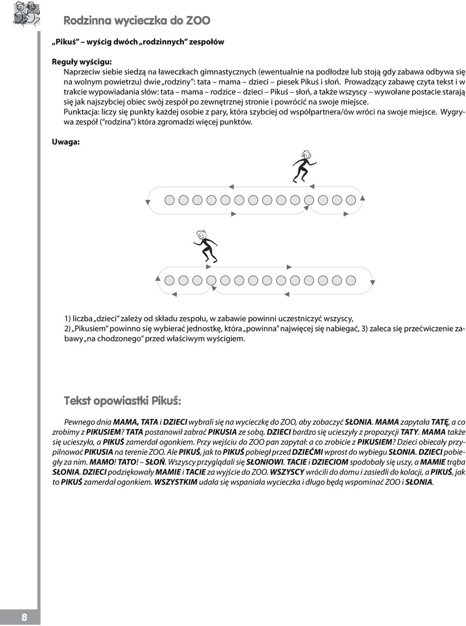 Prowadzący zabawę czyta tekst i w trakcie wypowiadania słów: tata mama rodzice dzieci Pikuś słoń, a także wszyscy wywołane postacie starają się jak najszybciej obiec swój zespół po zewnętrznej
