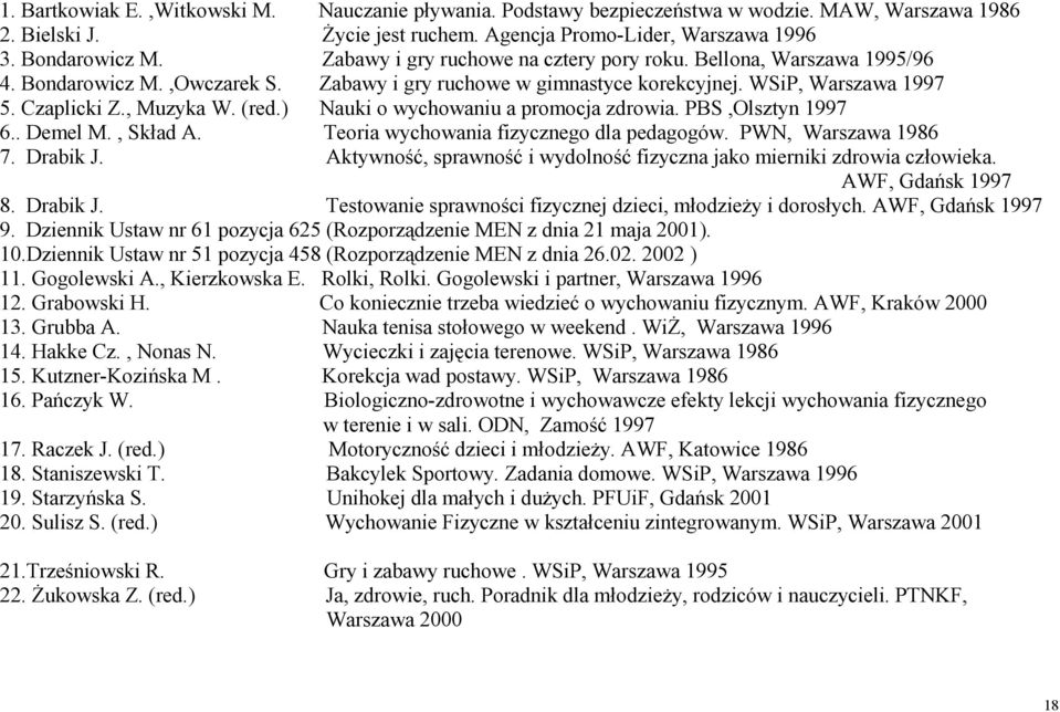 ) Nauki o wychowaniu a promocja zdrowia. PBS,Olsztyn 1997 6.. Demel M., Skład A. Teoria wychowania fizycznego dla pedagogów. PWN, Warszawa 1986 7. Drabik J.