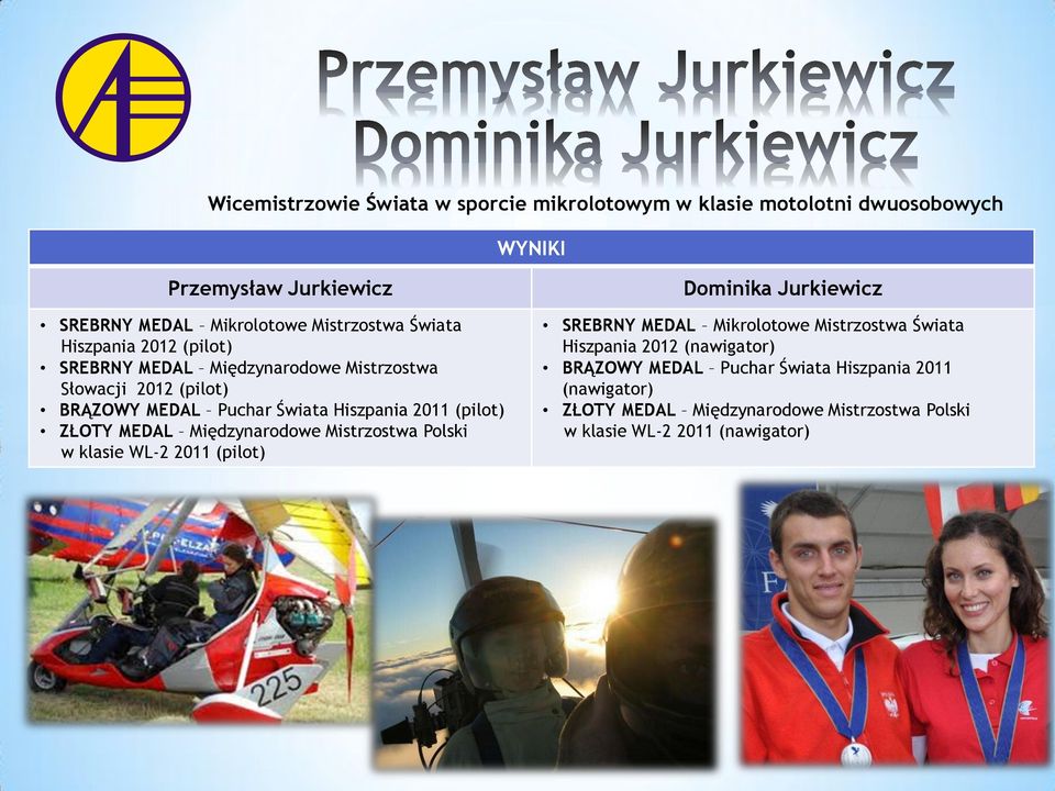 ZŁOTY MEDAL Międzynarodowe Mistrzostwa Polski w klasie WL-2 2011 (pilot) Dominika Jurkiewicz SREBRNY MEDAL Mikrolotowe Mistrzostwa Świata