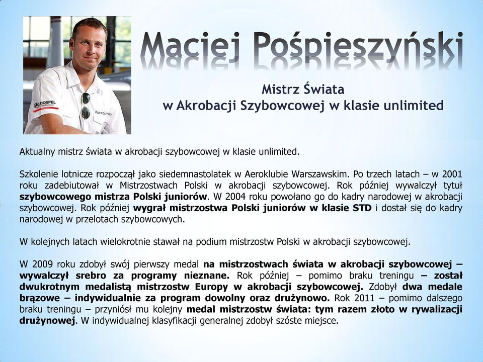 W 2004 roku powołano go do kadry narodowej w akrobacji szybowcowej. Rok później wygrał mistrzostwa Polski juniorów w klasie STD i dostał się do kadry narodowej w przelotach szybowcowych.