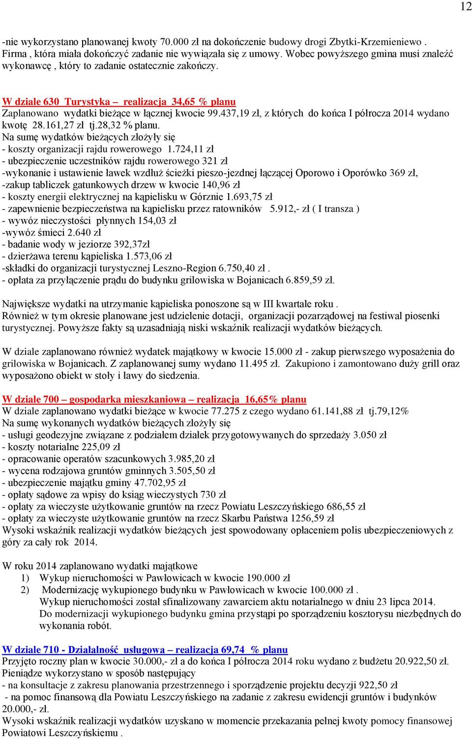 437,19 zł, z których do końca I półrocza 2014 wydano kwotę 28.161,27 zł tj.28,32 % planu. Na sumę wydatków bieżących złożyły się - koszty organizacji rajdu rowerowego 1.