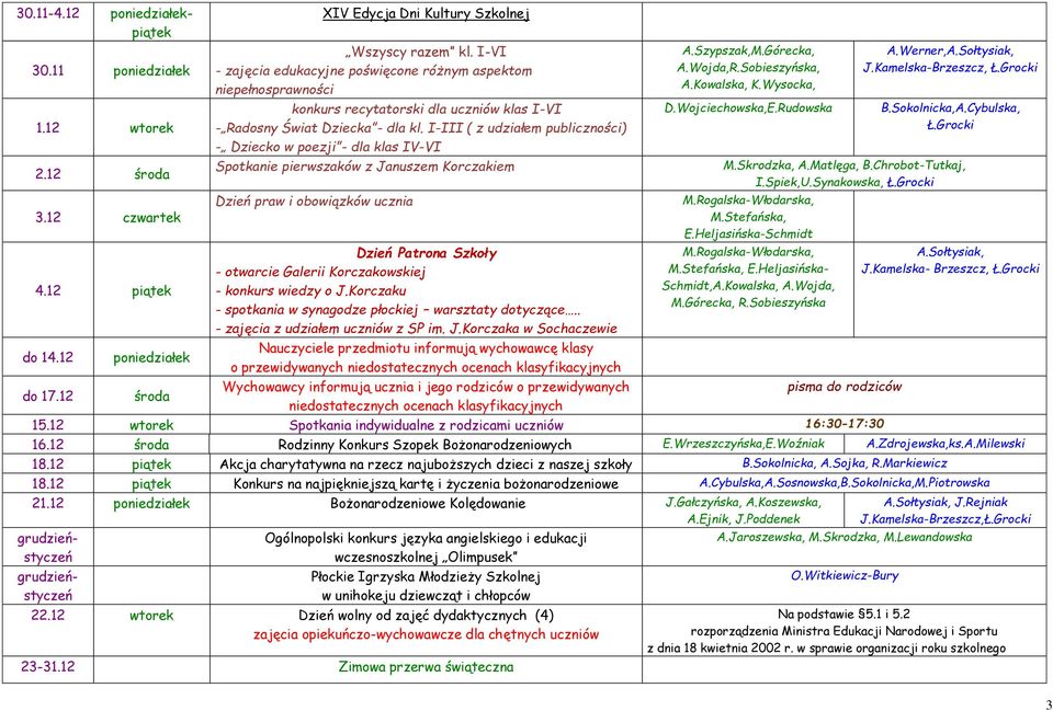 I-III ( z udziałem publiczności) - Dziecko w poezji - dla klas IV-VI Spotkanie pierwszaków z Januszem Korczakiem Dzień praw i obowiązków ucznia Dzień Patrona Szkoły - otwarcie Galerii Korczakowskiej