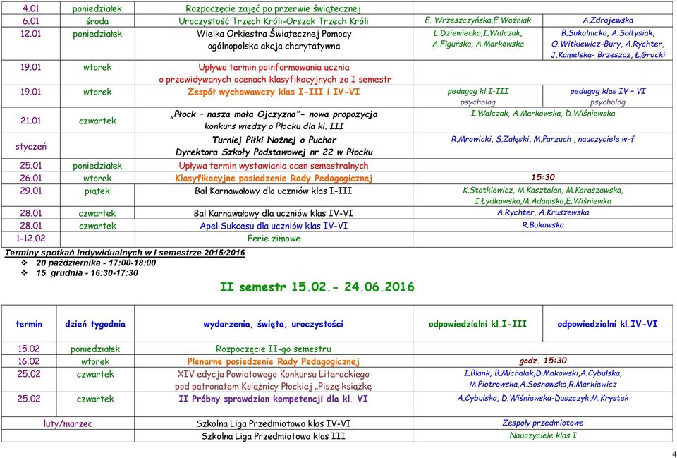 01 wtorek Upływa termin poinformowania ucznia o przewidywanych ocenach klasyfikacyjnych za I semestr 19.01 wtorek Zespół wychowawczy klas I-III i IV-VI pedagog kl.i-iii 21.