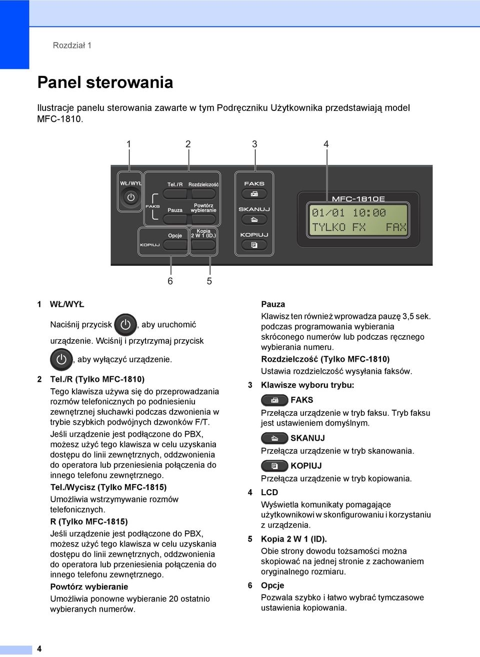 /R (Tylko MFC-1810) Tego klawisza używa się do przeprowadzania rozmów telefonicznych po podniesieniu zewnętrznej słuchawki podczas dzwonienia w trybie szybkich podwójnych dzwonków F/T.