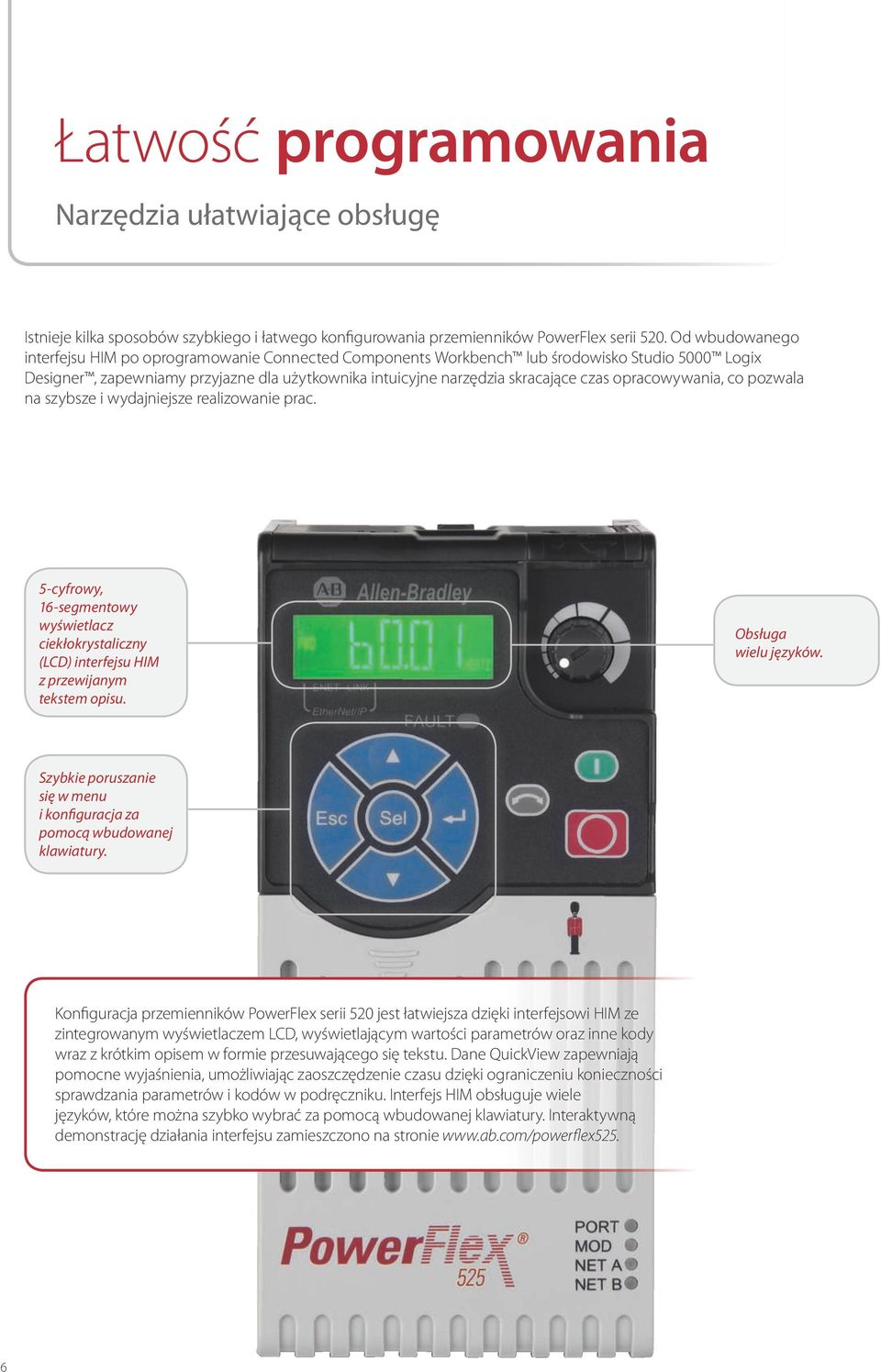 opracowywania, co pozwala na szybsze i wydajniejsze realizowanie prac. 5-cyfrowy, 16-segmentowy wyświetlacz ciekłokrystaliczny (LCD) interfejsu HIM z przewijanym tekstem opisu. Obsługa wielu języków.