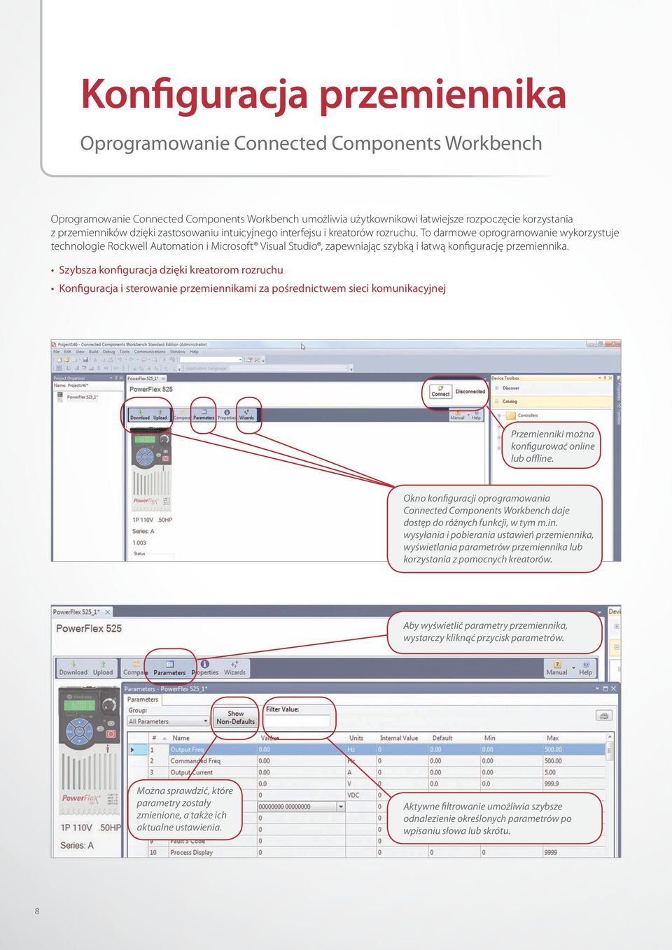 To darmowe oprogramowanie wykorzystuje technologie Rockwell Automation i Microsoft Visual Studio, zapewniając szybką i łatwą konfigurację przemiennika.